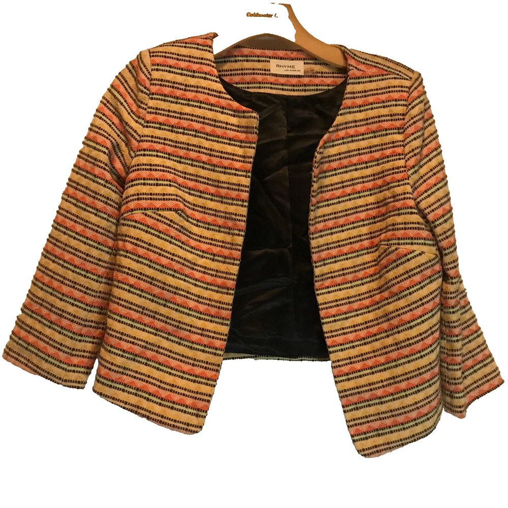 Rhyme Los Angeles Multicolored Striped Crop Mix Knit Open Front Blazer Jackets S